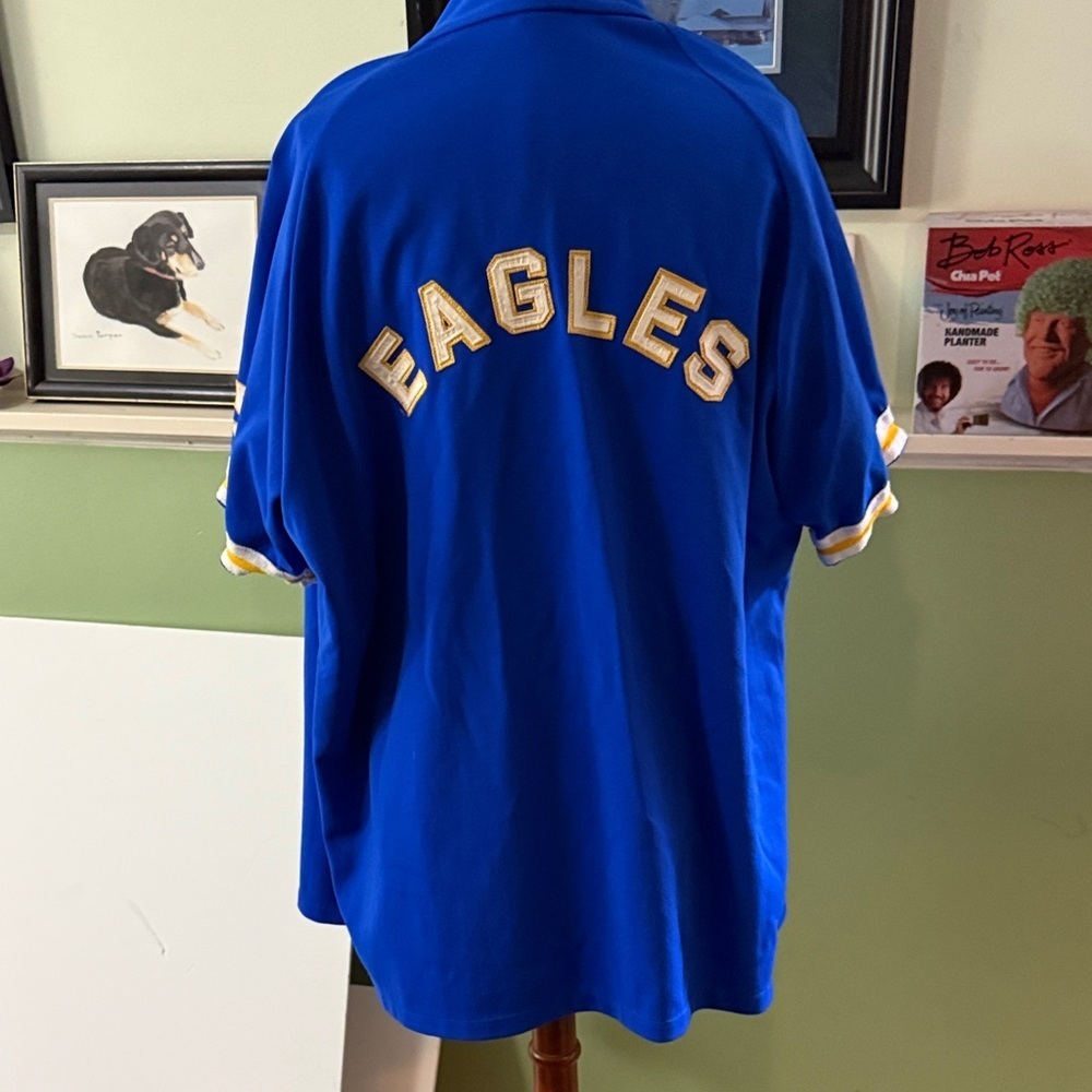 Basketball warm up shirt, Eagles, blue, gold and white, vintage